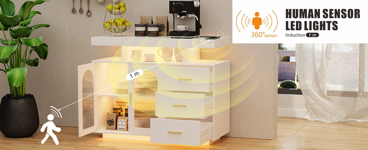 LED Buffet Cabinet 40”W with Wireless Charging Station,Auto Sensor RGB 20-Color Dimmable Sideboard