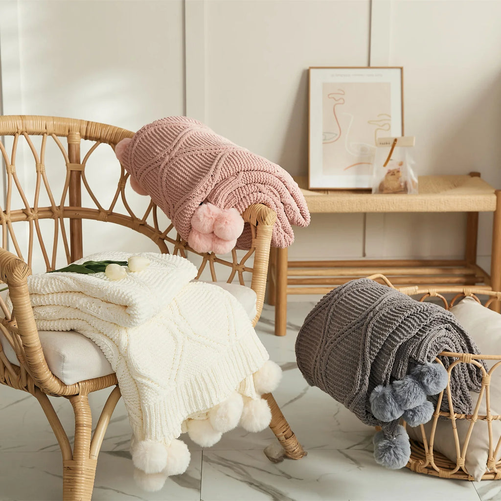Soft Chenille Pompom Cable Knit Blanket