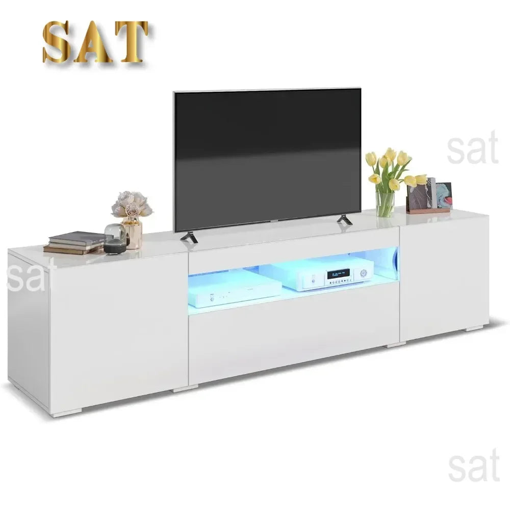 Modern LED Entertainment Center with Large Storage Drawers, High Gloss Front Wood TV Cabinet Media Console