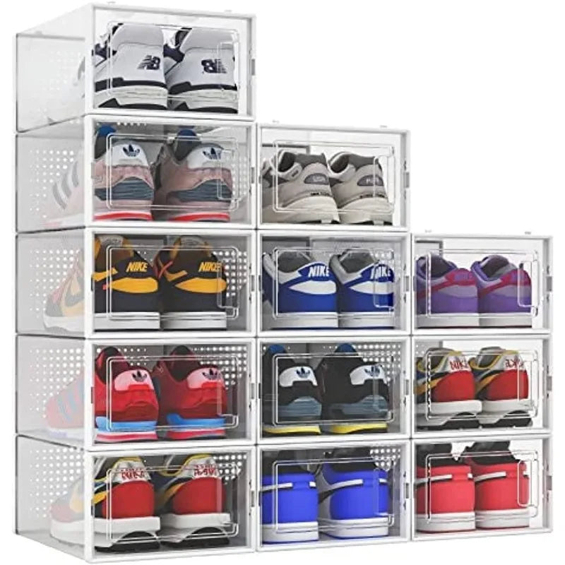 12 Pack Shoe Organizer Storage Bins Clear Plastic Stackable Shoe Boxes for Closet, Space Saving Foldable