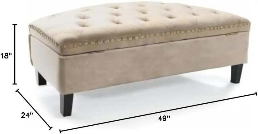 Storage Ottoman Button Tufted Velvet Upholstered Gold Nailhead Trim Espresso Finished Wood Legs Bench Modern Transitional