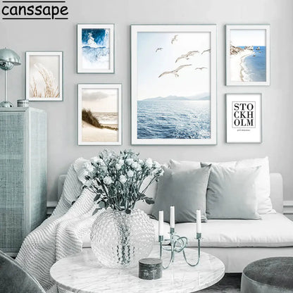 Blue Sea Print Posters Seagull Wall Art Beach Reed Canvas Pictures Seascape Art Prints Nordic Poster Living Bedroom Decoration