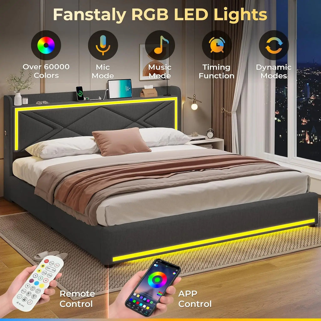 King Size LED Bed Frame with Storage Headboard and Charging Station, Upholstered King Platform Bed Frame Dark Grey