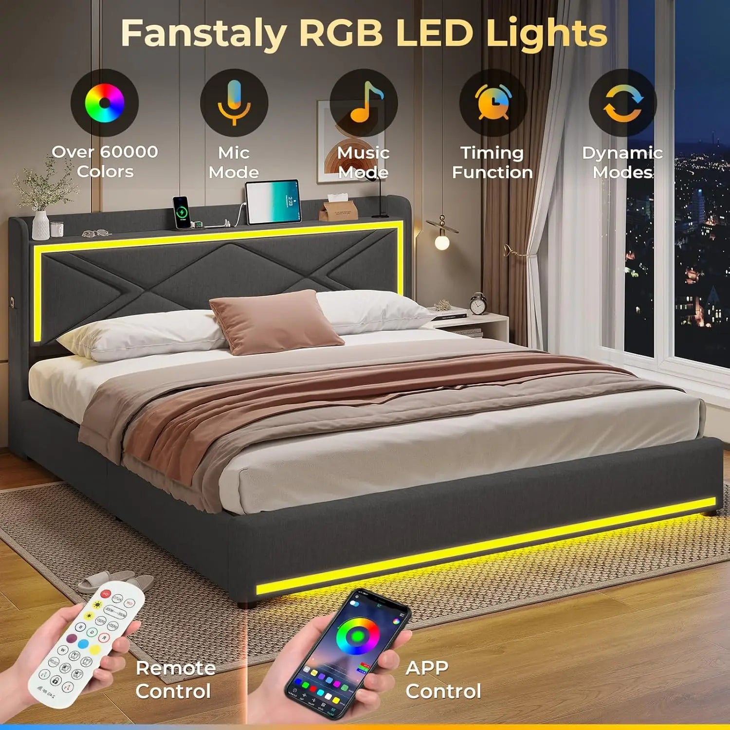 King Size LED Bed Frame with Storage Headboard and Charging Station, Upholstered King Platform Bed Frame Dark Grey