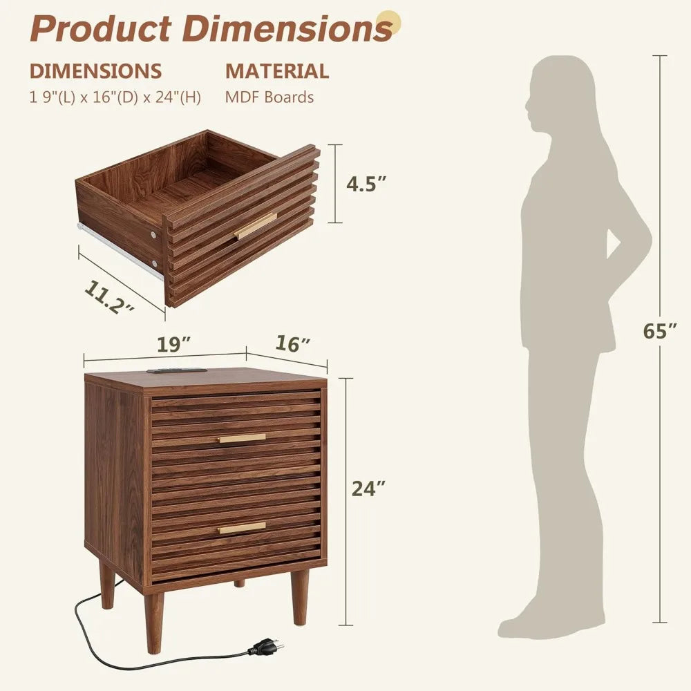 Night Stands with Charging Station, Mid Century Modern Nightstand, Fluted Bedside Table with Drawer, End Table Bed Side Tables