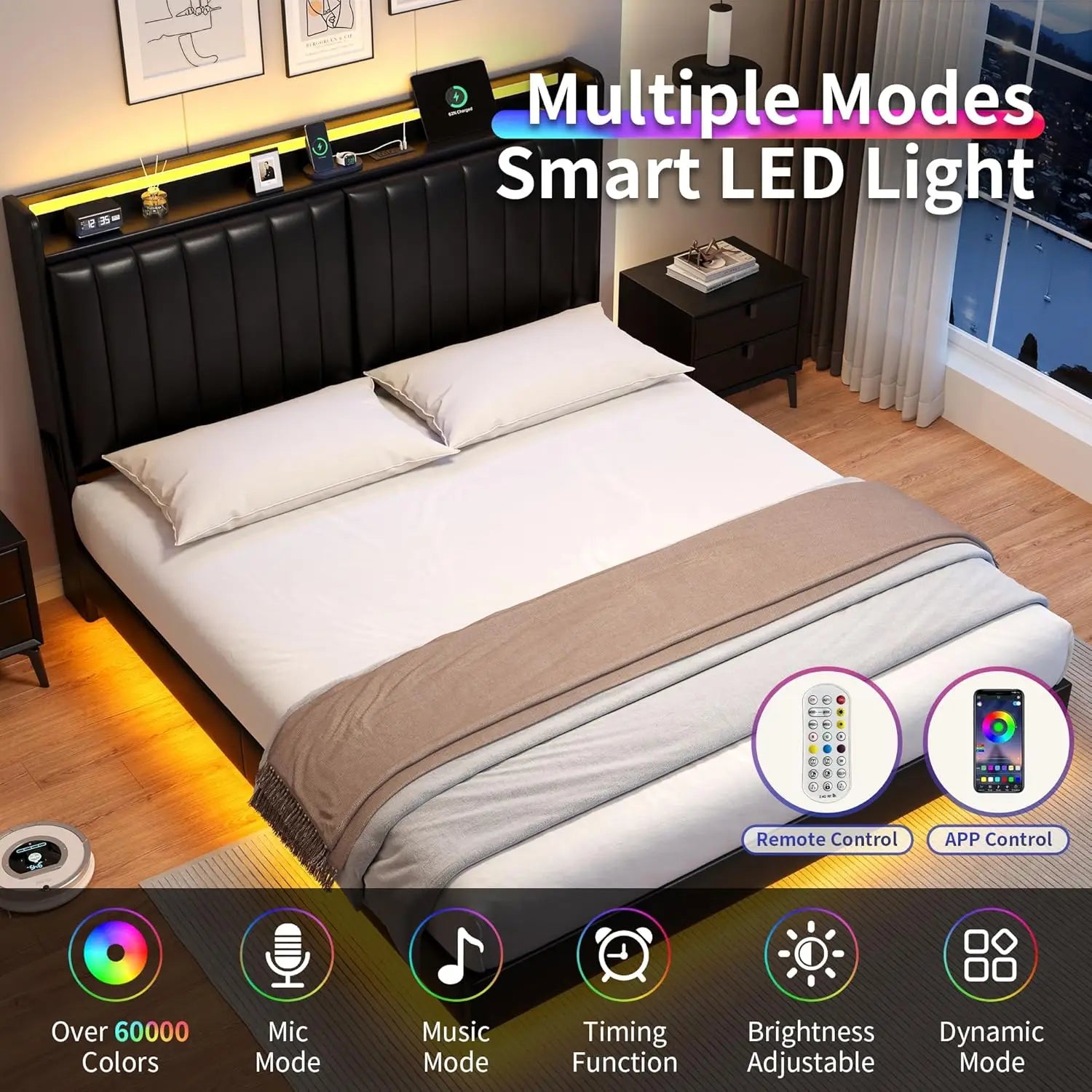 Hidden Storage Headboard and LED Lights, Visual Floating LED Bed Frame with Charing Station, Leather Upholstered Platform Bed,Lo