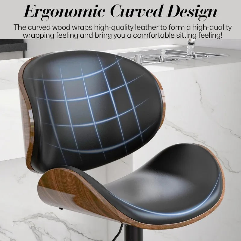 Set of 2, Swivel Adjustable Height Barstools, PU Leather Upholstered Bar Chairs with Footrest, Bentwood Bar Stool for Kitchen