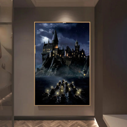 Boats to Hogwarts Magic School Night View Canvas Art Posters and Prints Landscape Painting on the Wall Art Picture Home Decor