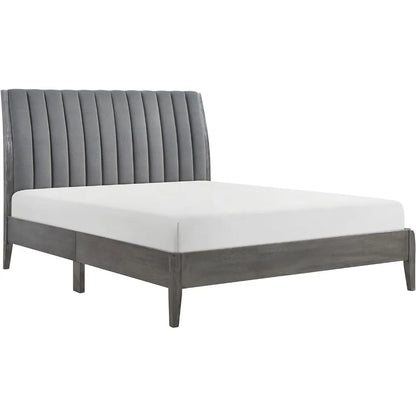 California King Bed Frame w Vertical Channel Tufted Velvet Headboard, Modern Bed Frame, Wood Platform Bed, No Box Spring Needed