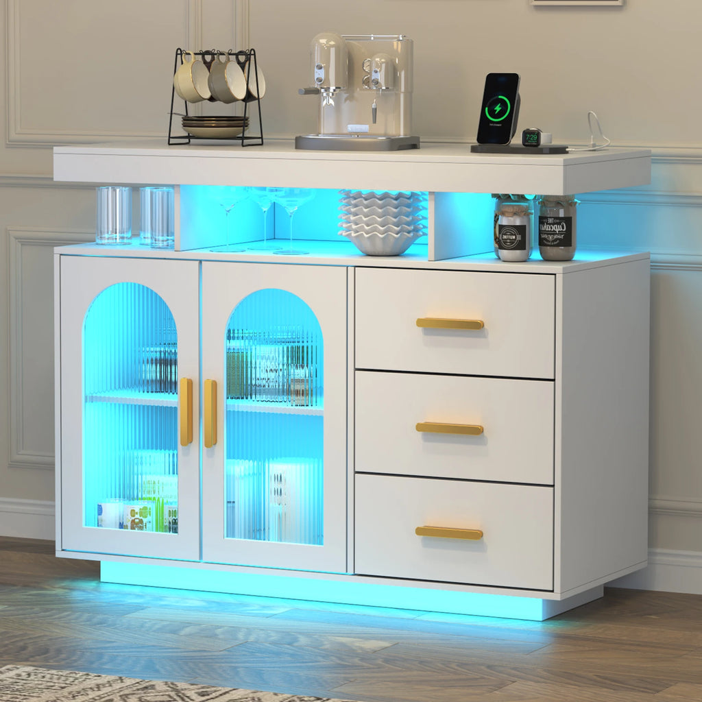 LED Buffet Cabinet 40”W with Wireless Charging Station,Auto Sensor RGB 20-Color Dimmable Sideboard
