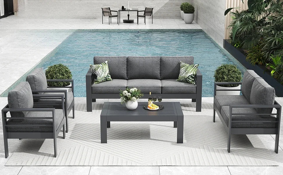 Modern 5 Pieces Aluminum Patio Furniture Set, Garden Furniture Sets, Conversation Sets Metal Sectional Sofa with Coffee Table