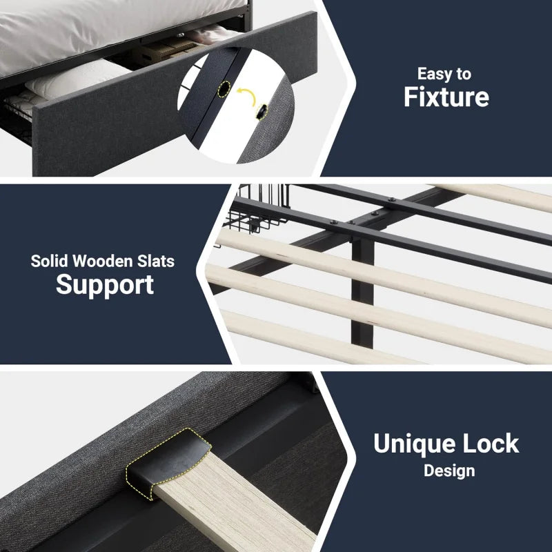 Queen Size Platform Bed Frame With 3 Storage Drawers