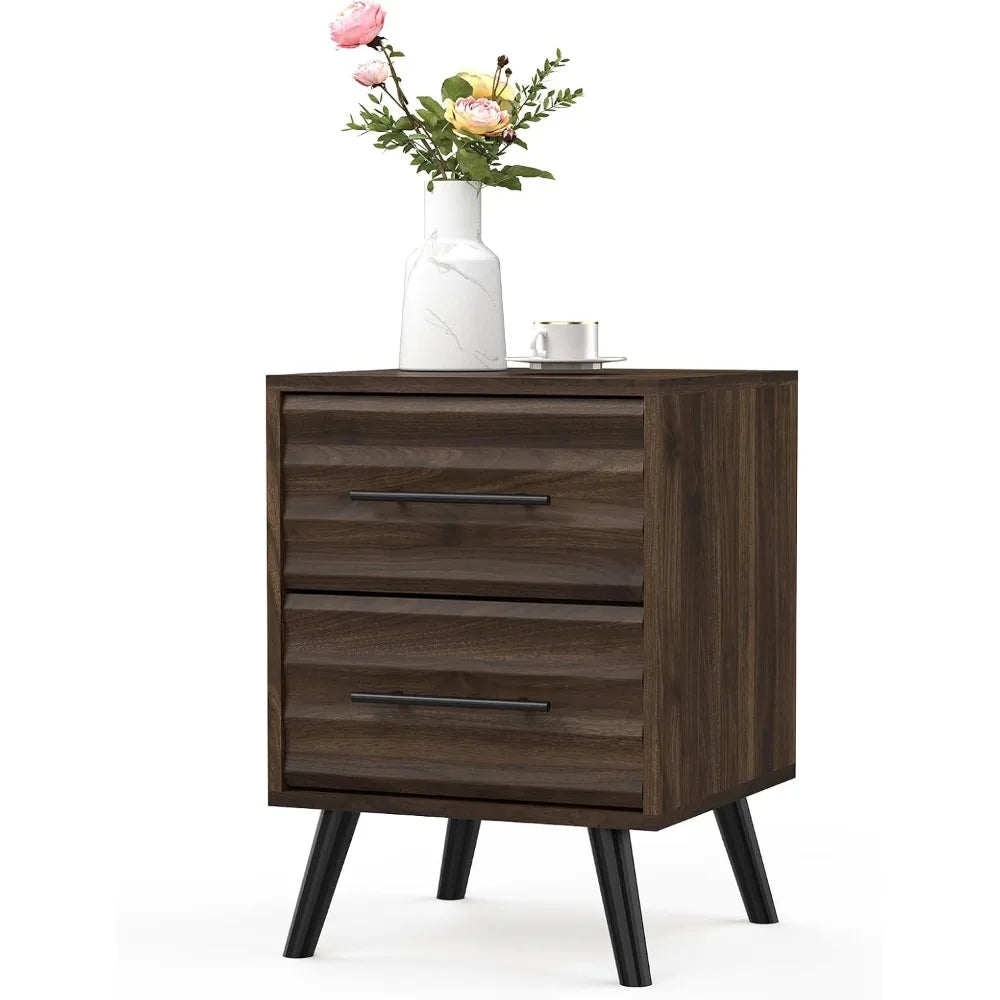 Night Stands, Fluted Nightstands with 2 Drawer Storage, Mid Century Bed Stands End Table, Large Bedside Table for Bedroom