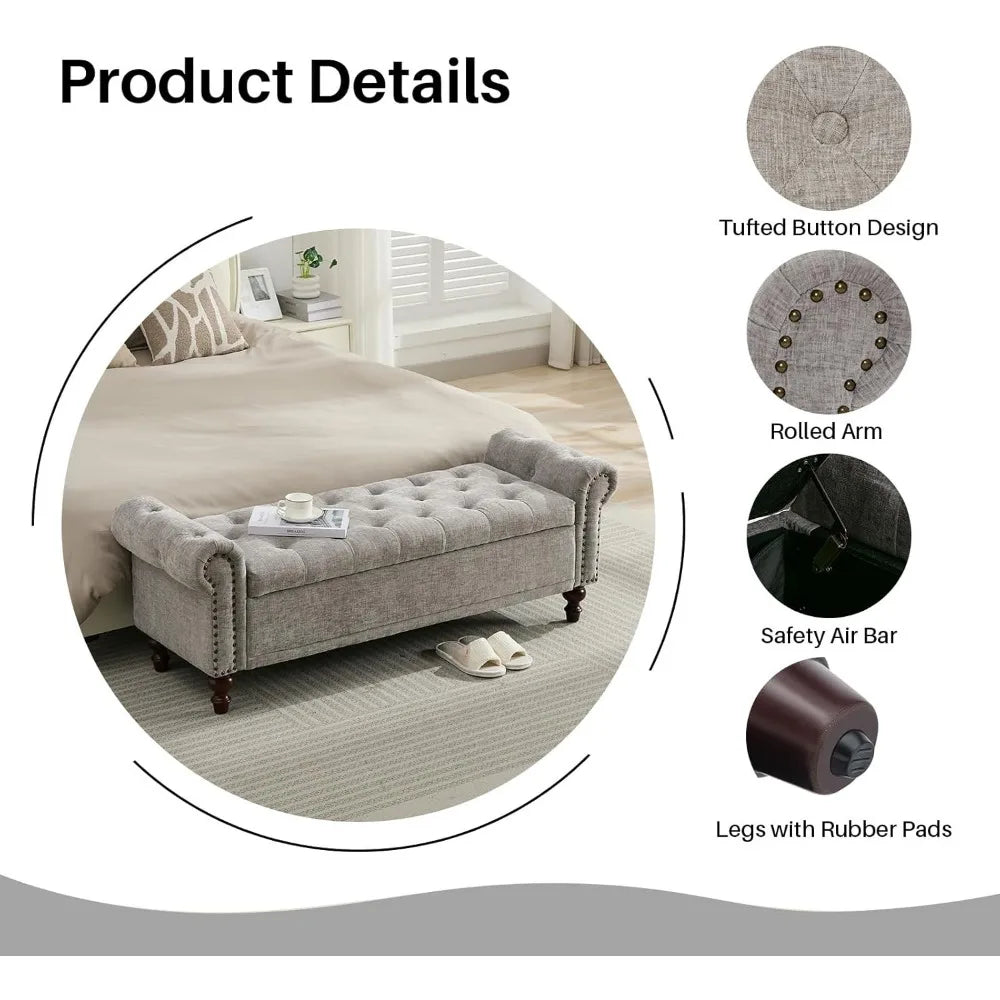 Storage Bench Upholstered Chenille, with Tufted Cushioned Rolled Arm Large Storage Space ,Bedroom Bed Bench Ottoman