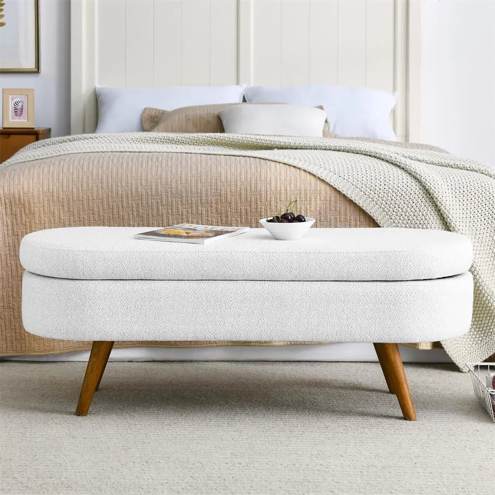 43.5" Storage Ottoman Bench with 250lb Seating, Linen Upholstered Wood Legs Safety Hinge Flip Top Oval