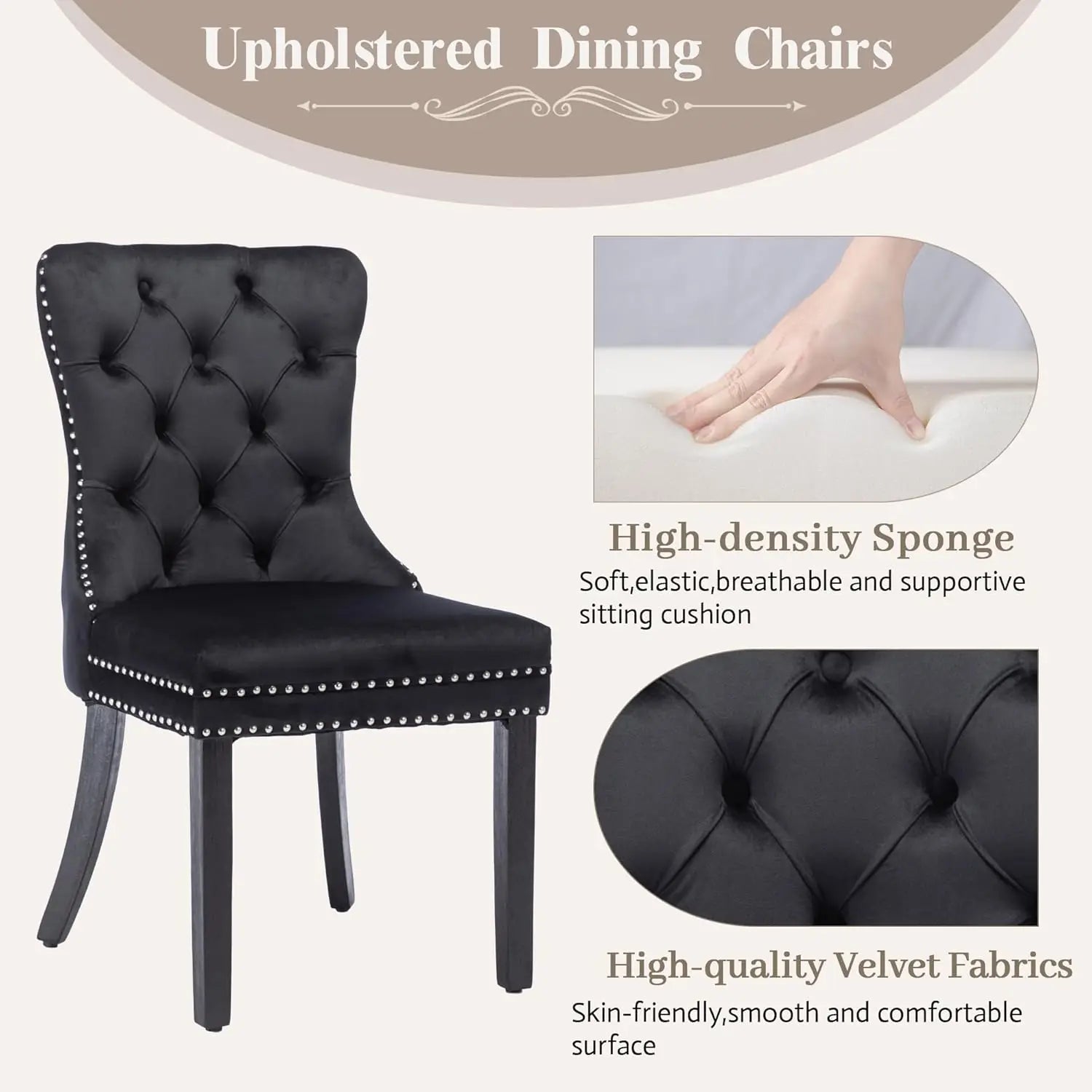 Velvet Dining Chairs Set of 6, Upholstered High-end Tufted Dining Room Chair with Nailhead Back Ring Pull Trim Solid Wood Legs