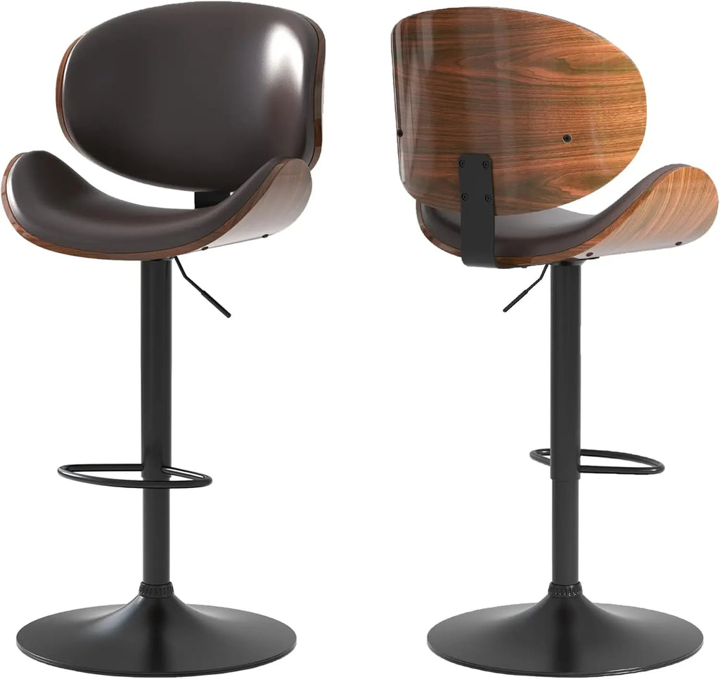 Set of 2, Swivel Adjustable Height Barstools, PU Leather Upholstered Bar Chairs with Footrest, Bentwood Bar Stool for Kitchen