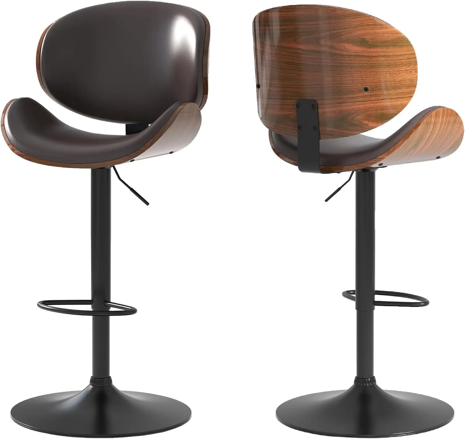 Set of 2, Swivel Adjustable Height Barstools, PU Leather Upholstered Bar Chairs with Footrest, Bentwood Bar Stool for Kitchen