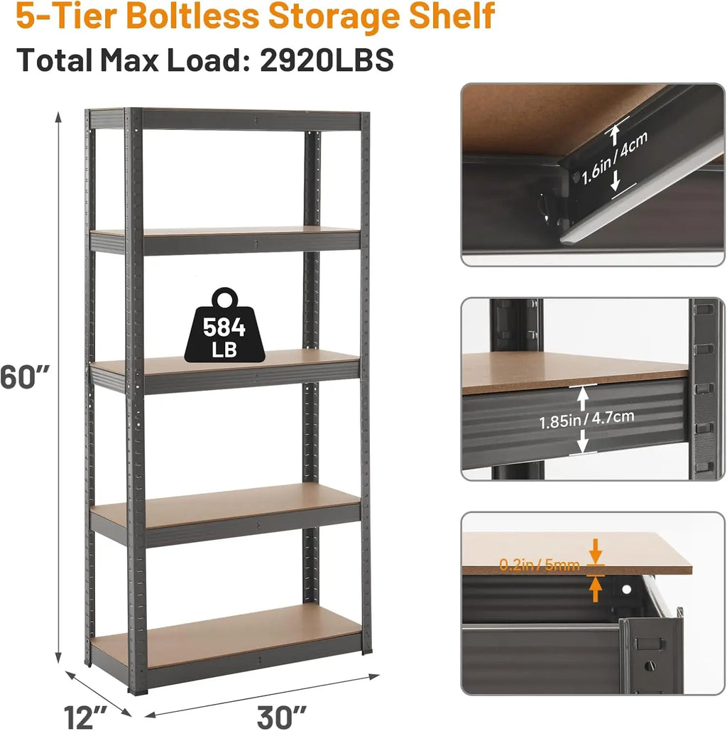 5-Tier Storage Shelves, Adjustable Shelving Unit, 60 x 30 x 12 Inches, Load 2920 lb, Multipurpose Shelf Kitchen Garage Pantry Cl