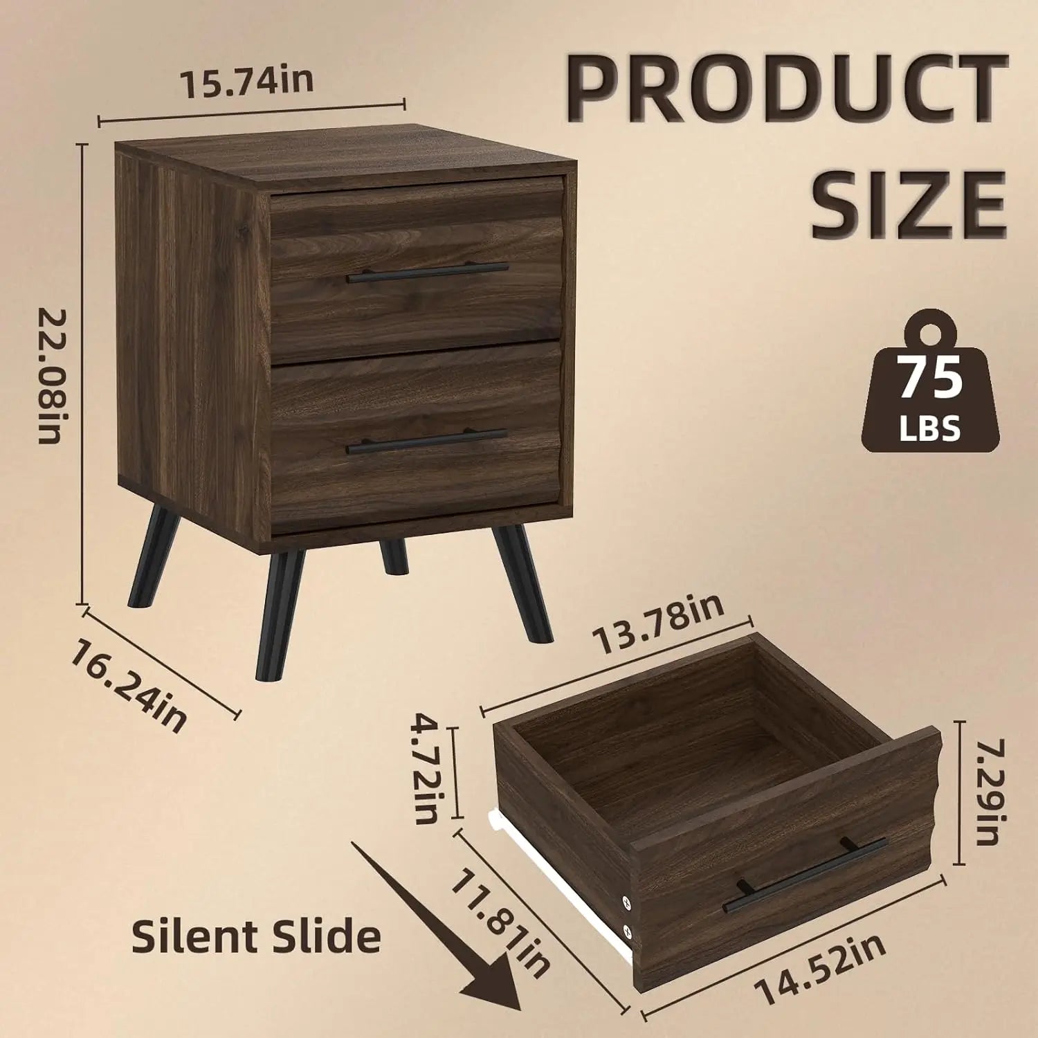 Night Stands, Fluted Nightstands with 2 Drawer Storage, Mid Century Bed Stands End Table, Large Bedside Table for Bedroom