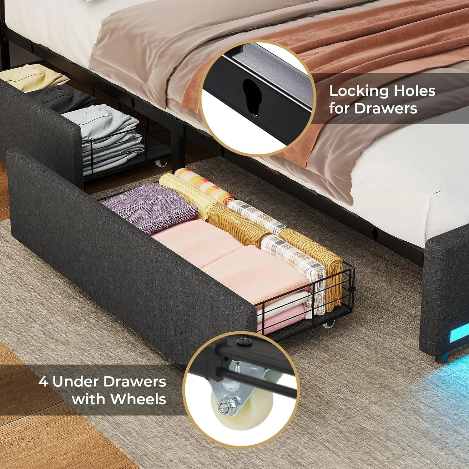 King Size LED Bed Frame with Storage Headboard and Charging Station, Upholstered King Platform Bed Frame Dark Grey