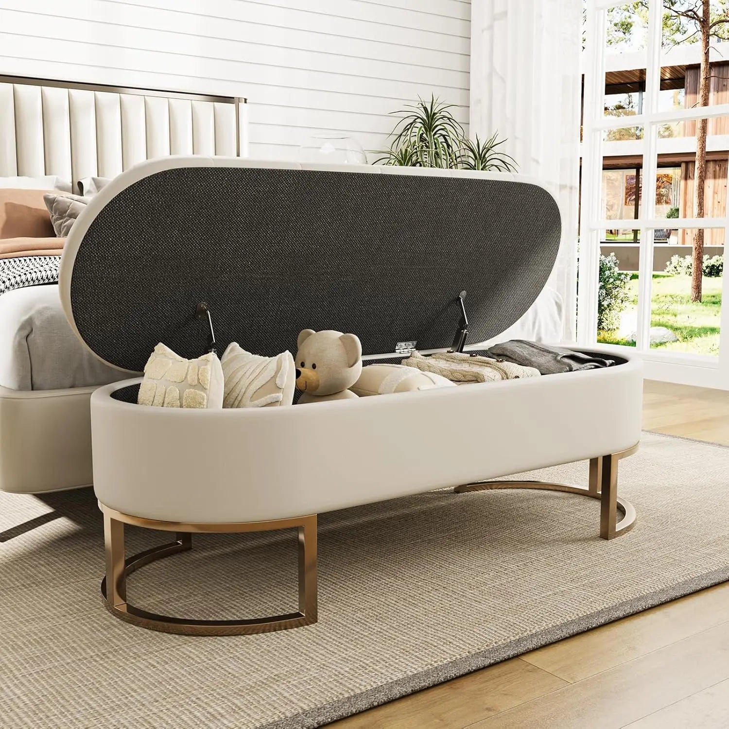 LUXHOME 50'' Upholstered Leather Ottoman