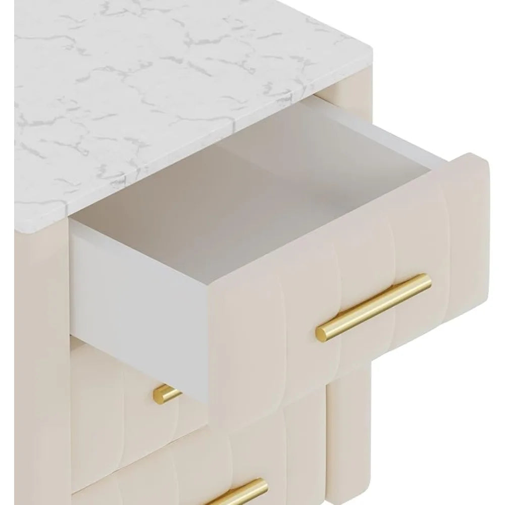 3-drawer Bedside Table with Metal Legs and Handles, Cushioned Bedside Table with Artificial Marble Countertop