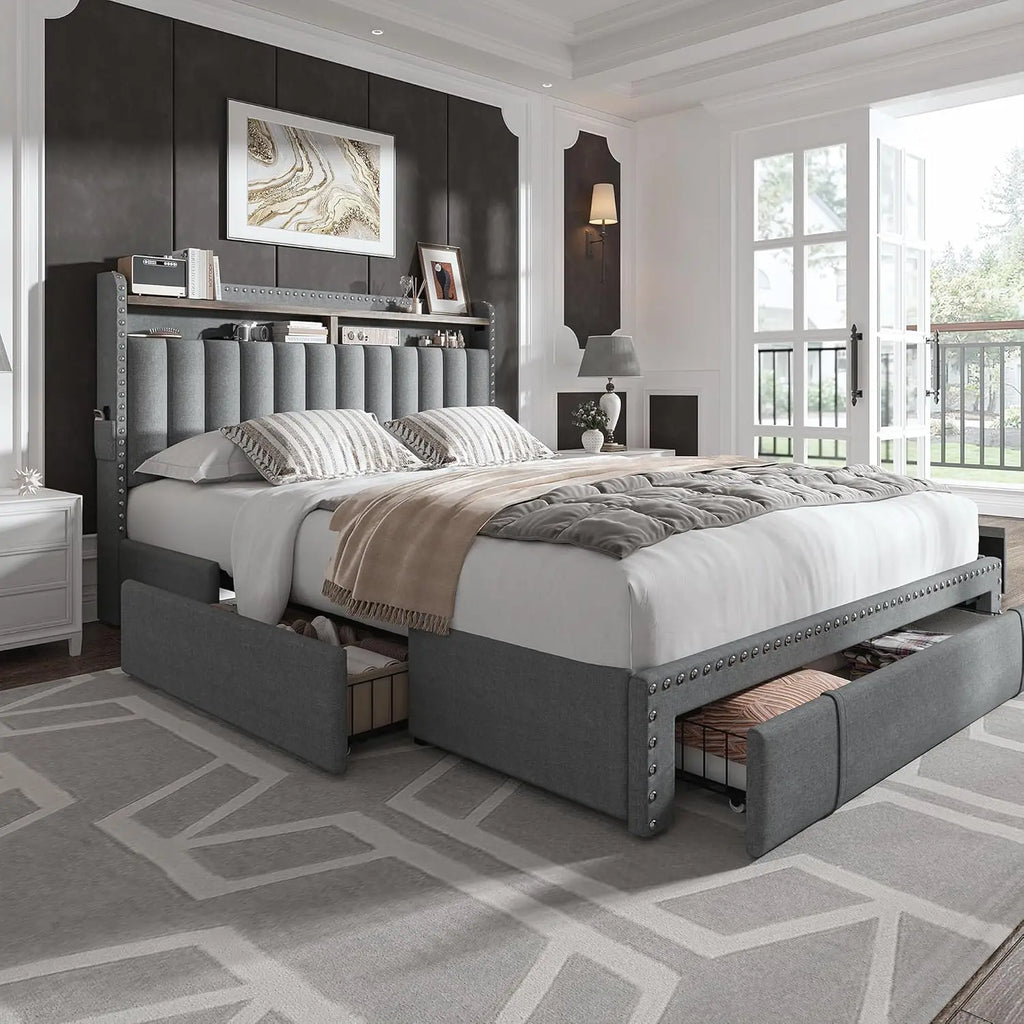 Queen Bed Frame with 3 Drawers Upholstered Bed Frame  Size with Headboard,Size  Frame,  Frame with