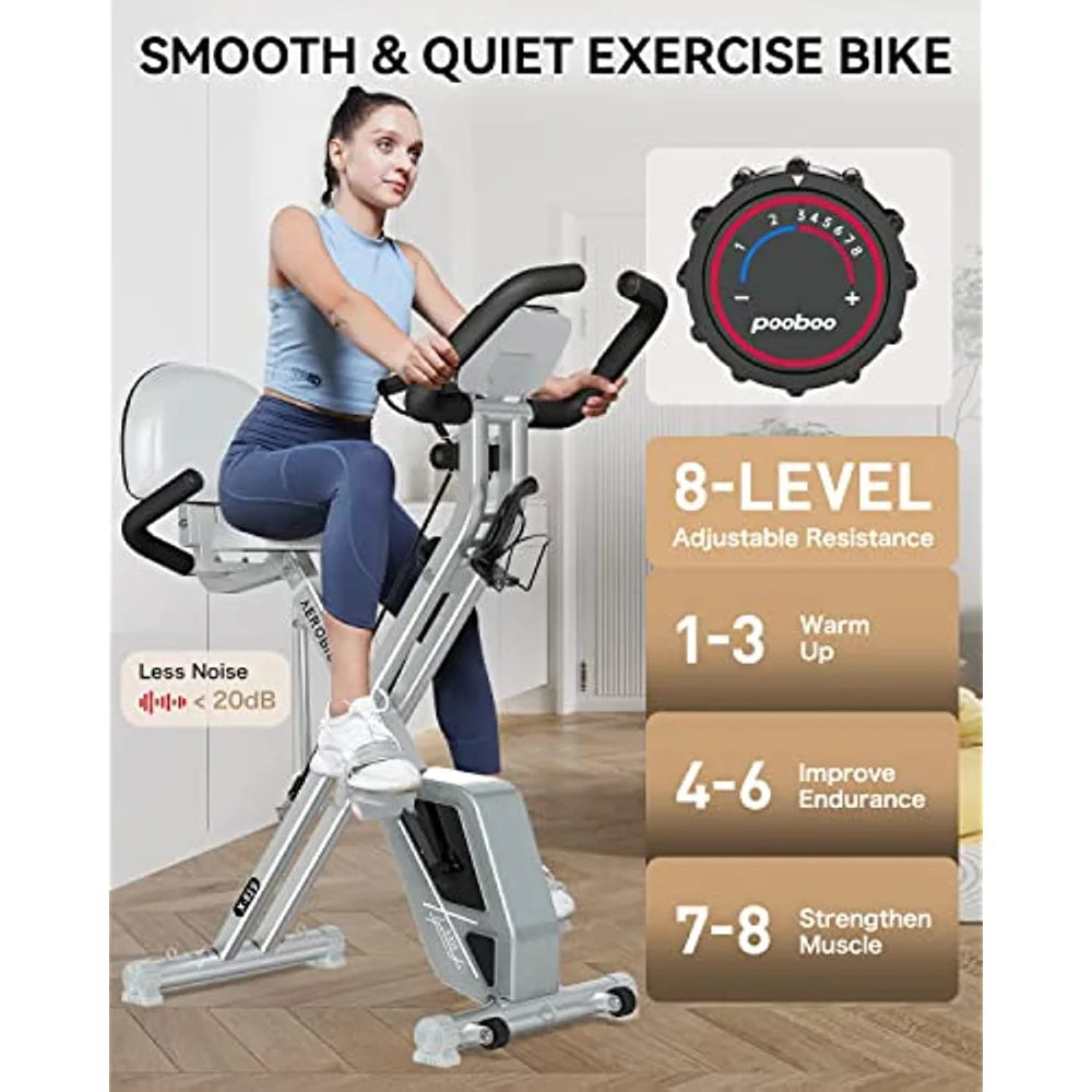 2023 Foldable Fitness Stationary Bike Indoor Cycling Bike 8-Level Adjustable Resistance Bottle Holder & Back Support Cushion