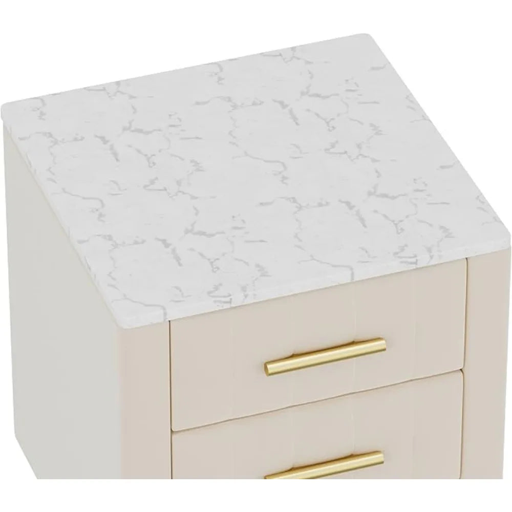 3-drawer Bedside Table with Metal Legs and Handles, Cushioned Bedside Table with Artificial Marble Countertop