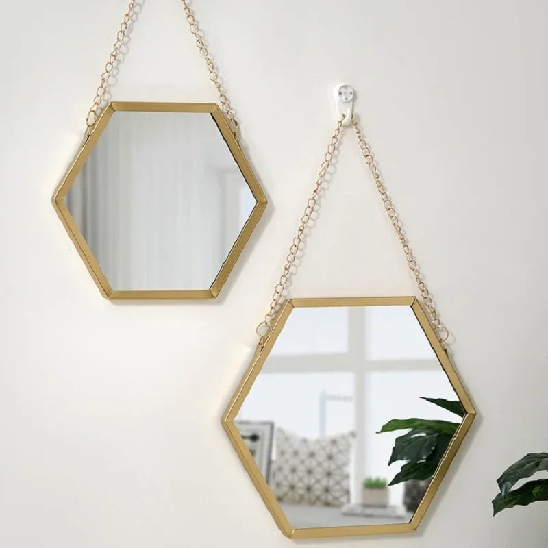 Nordic Style Iron Art Hexagon Shape Cosmetic Mirror Wall Hanging Mirror No-Punch Bathroom Room Makeup Mirror Home Decorative