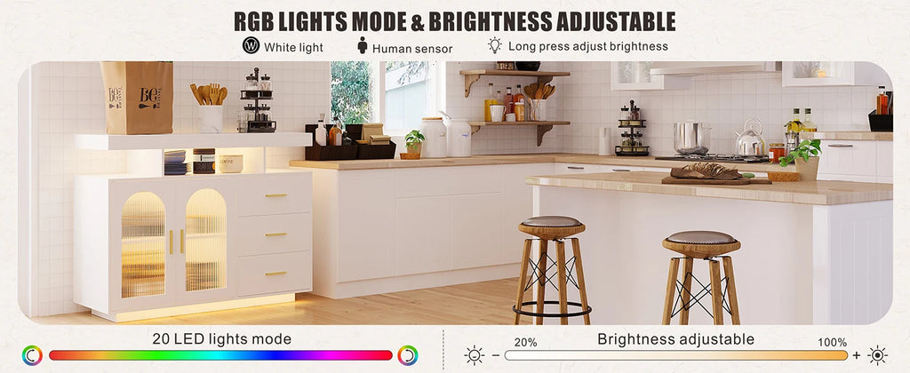 LED Buffet Cabinet 40”W with Wireless Charging Station,Auto Sensor RGB 20-Color Dimmable Sideboard