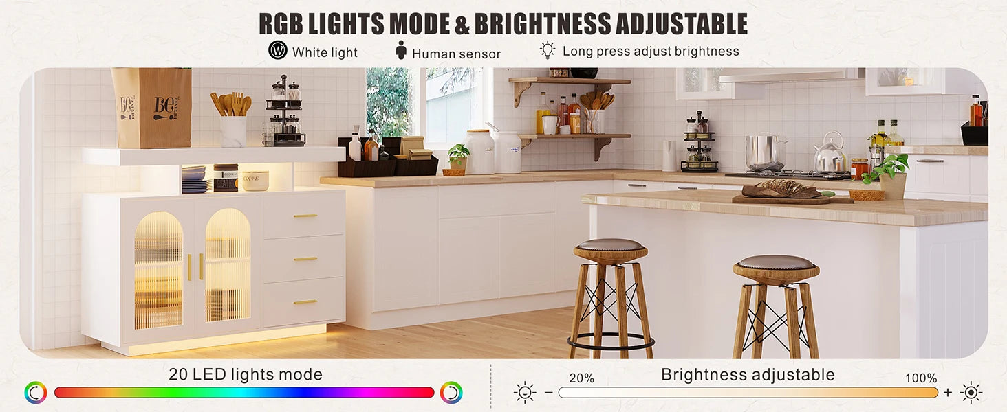 LED Buffet Cabinet 40”W with Wireless Charging Station,Auto Sensor RGB 20-Color Dimmable Sideboard