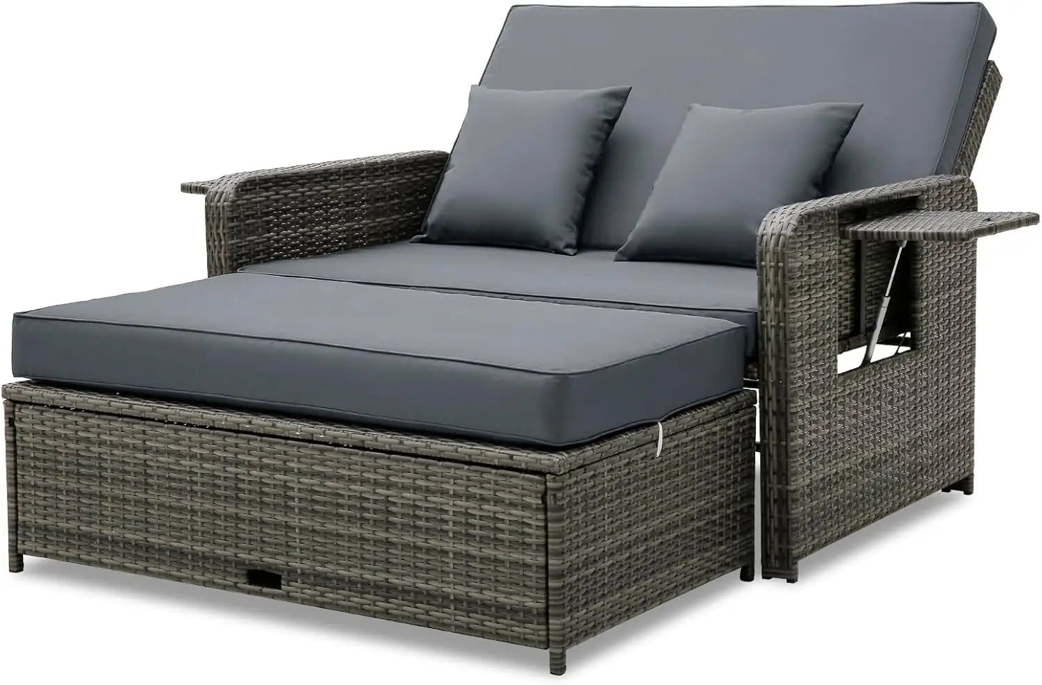 Patio Rattan Daybed Set, Wicker Loveseat Sofa w/Multipurpose Ottoman & Retractable Side Tray, 4-Level Adjustable Backrest