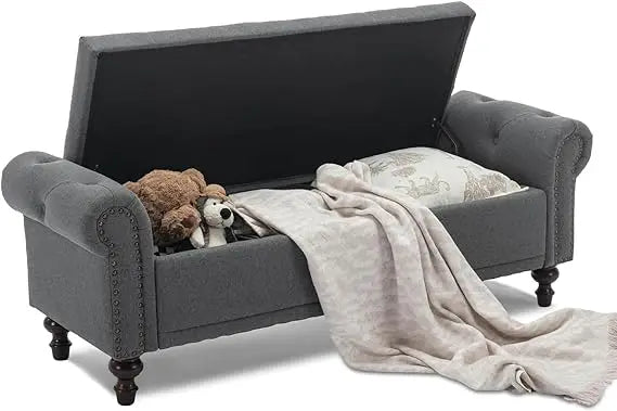 Storage Bench Upholstered Chenille, with Tufted Cushioned Rolled Arm Large Storage Space ,Bedroom Bed Bench Ottoman