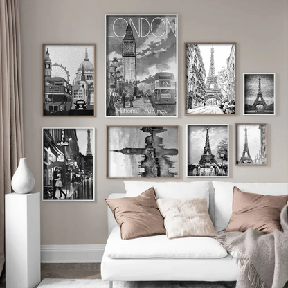 Black White Retro Paris London Anime Posters Sticky HD Quality Wall Art Retro Posters for Home Kawaii Room Decor