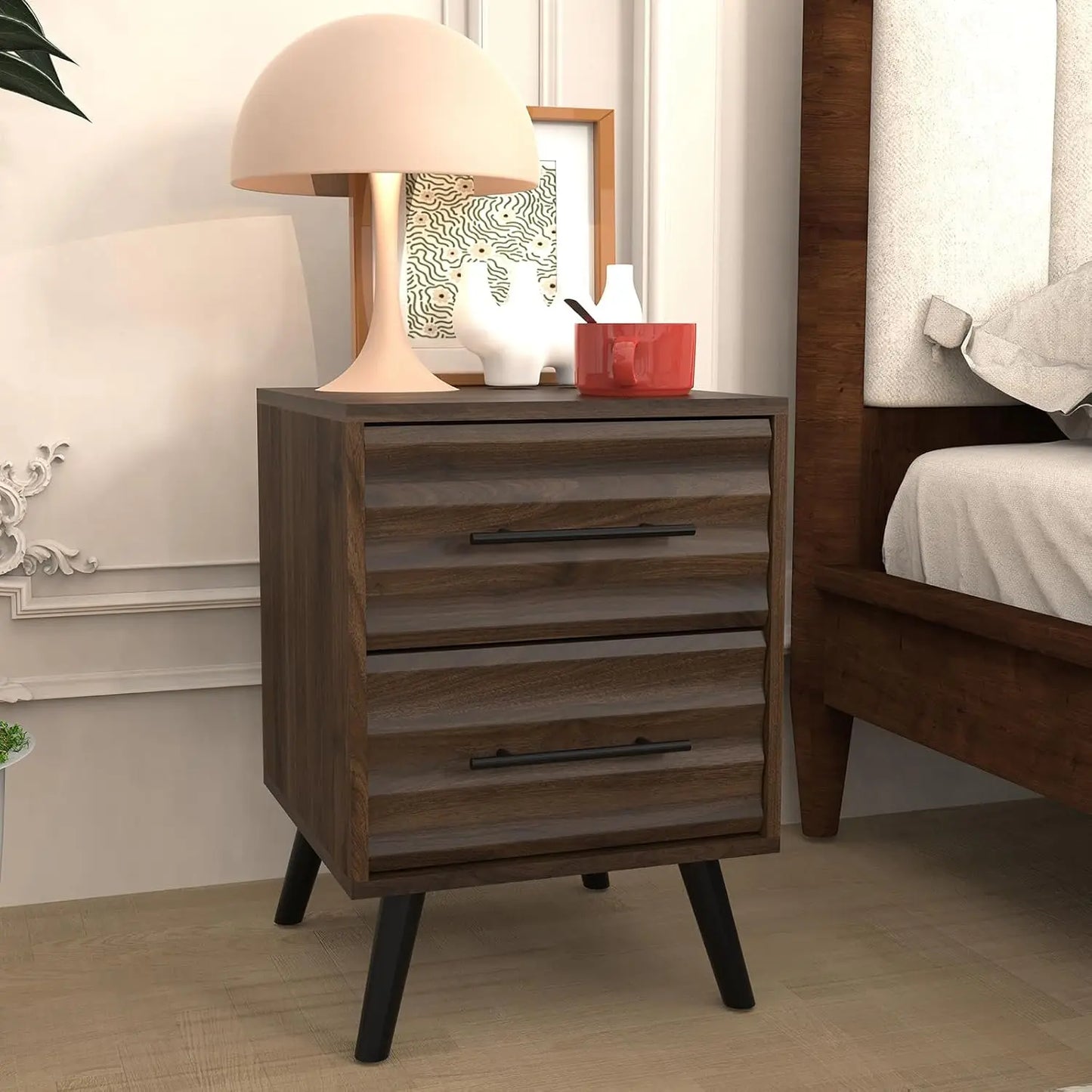 Night Stands, Fluted Nightstands with 2 Drawer Storage, Mid Century Bed Stands End Table, Large Bedside Table for Bedroom