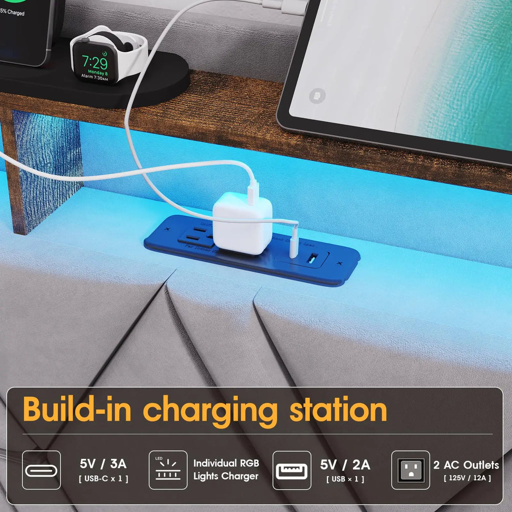 Upholstered Platform Bed With LED Lights & 3 Storage Drawers