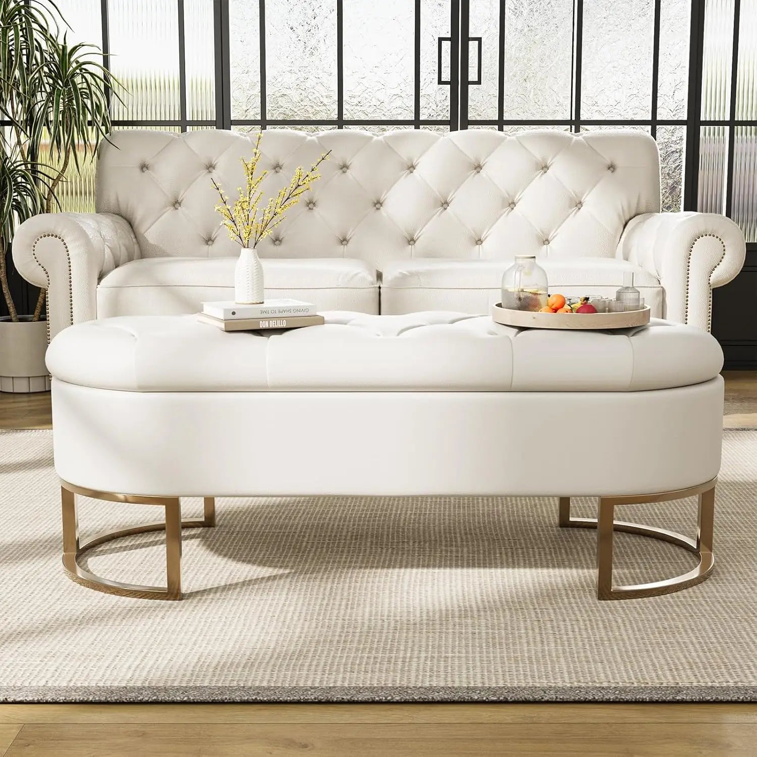 LUXHOME 50'' Upholstered Leather Ottoman