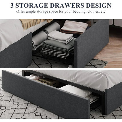 Queen Size Platform Bed Frame With 3 Storage Drawers, Fabric Upholstered, Wooden Slats Support, No Box Spring Needed, No