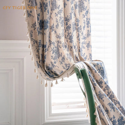 American Floral WithTassels Cotton Linen Blackout Window Curtain Thick Ready-made Drapes for Bedroom Curtains In The Living Room