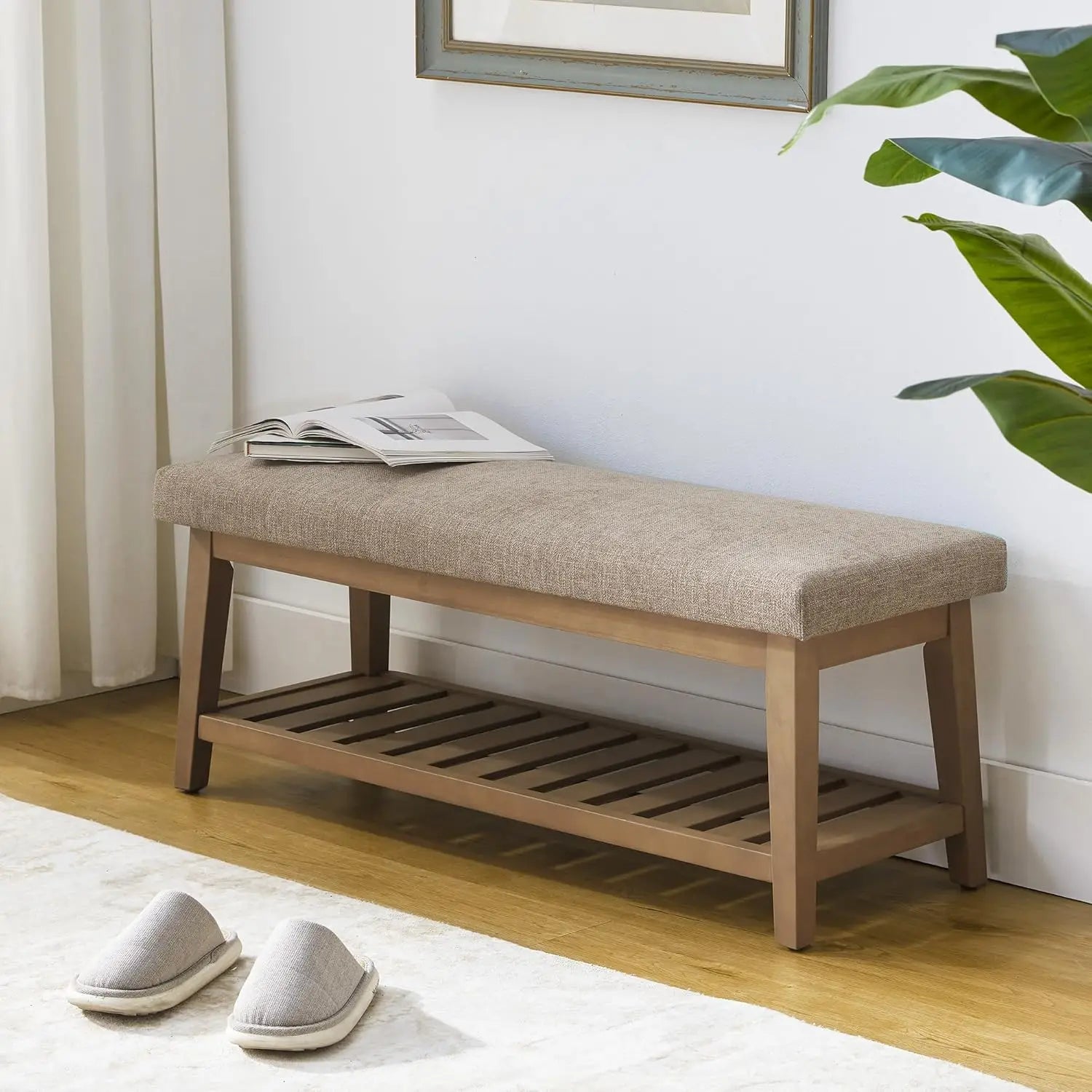 Entryway Bench, End of Bed Bench, Chenille Upholstered Shoe Bench for Bedroom, Ottoman Bench with Solid Wood Shelf,Storage Bench
