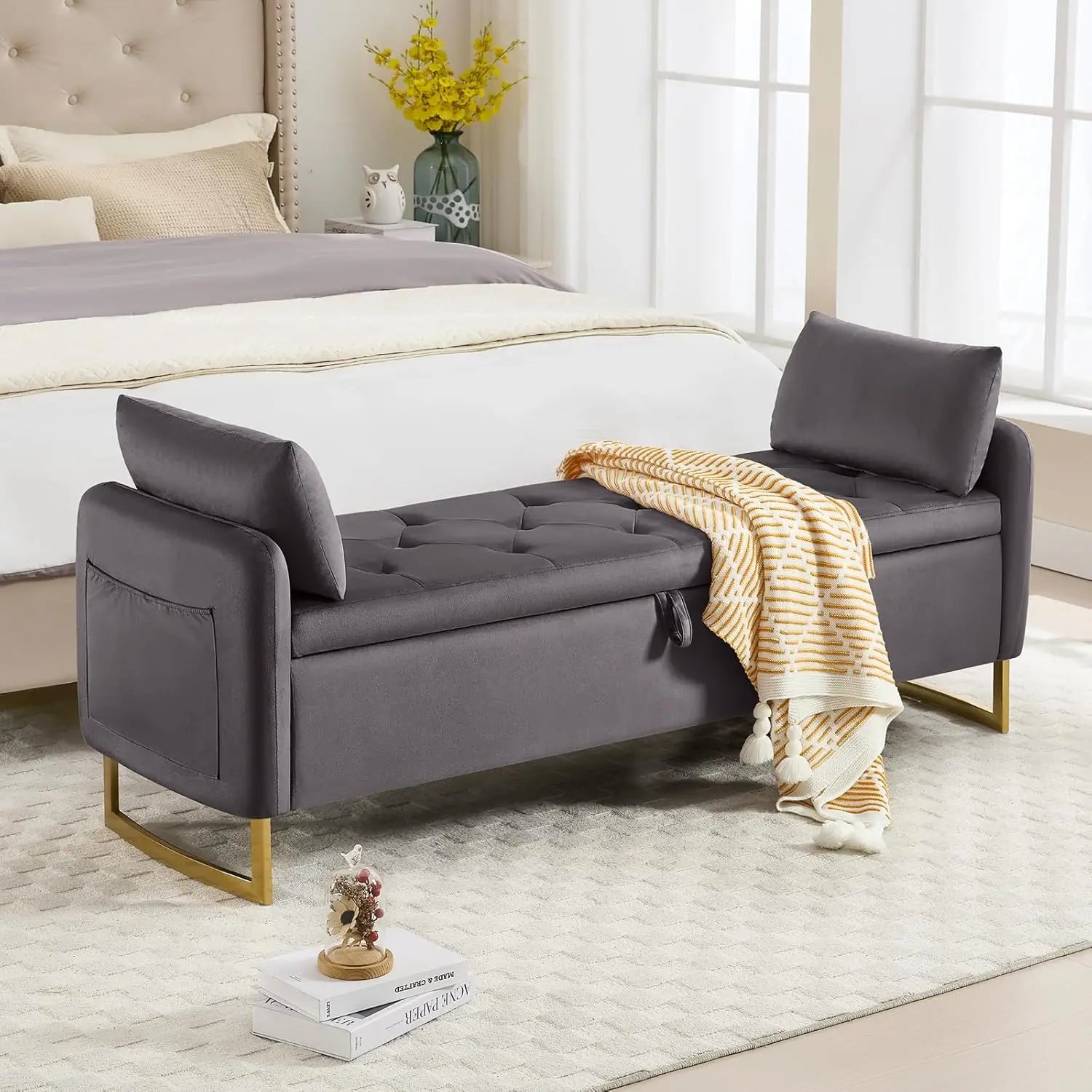 67" Storage Ottoman Bench, End of Bed King Size Bench | Tufted Button Upholstery with Gold Legs for Bedroom, Living Room