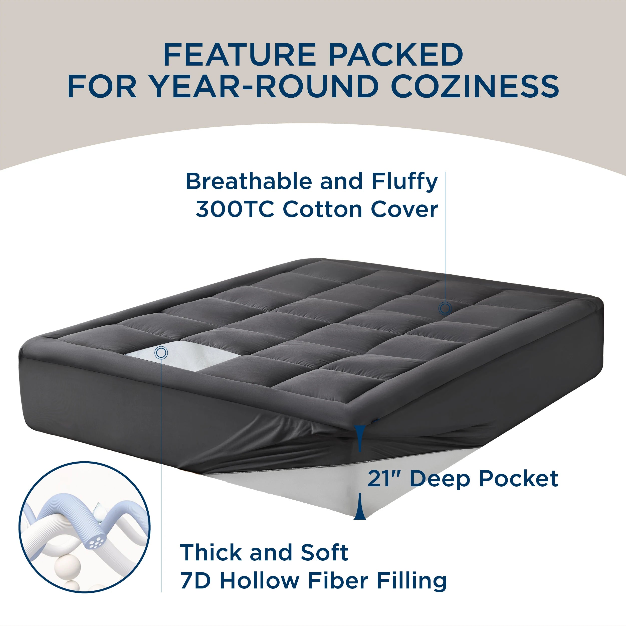 Breathable Cotton Mattress Topper with Deep Pocket Fits 8-21”
