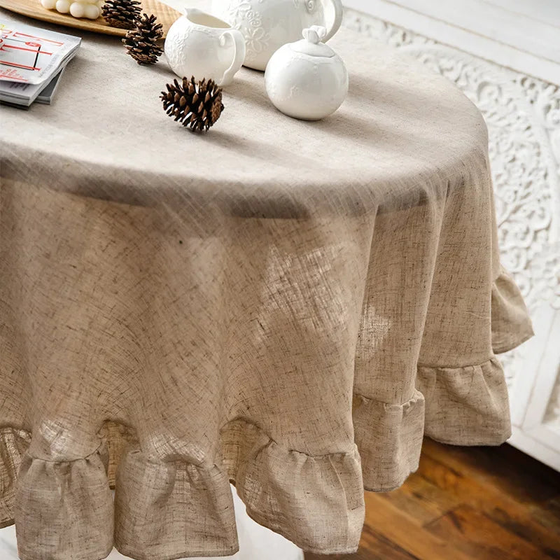 French Romantic Simple Ruffle Tablecloth Cotton Linen Table Cover American Round Tea Table Literary Retro Party Decoration