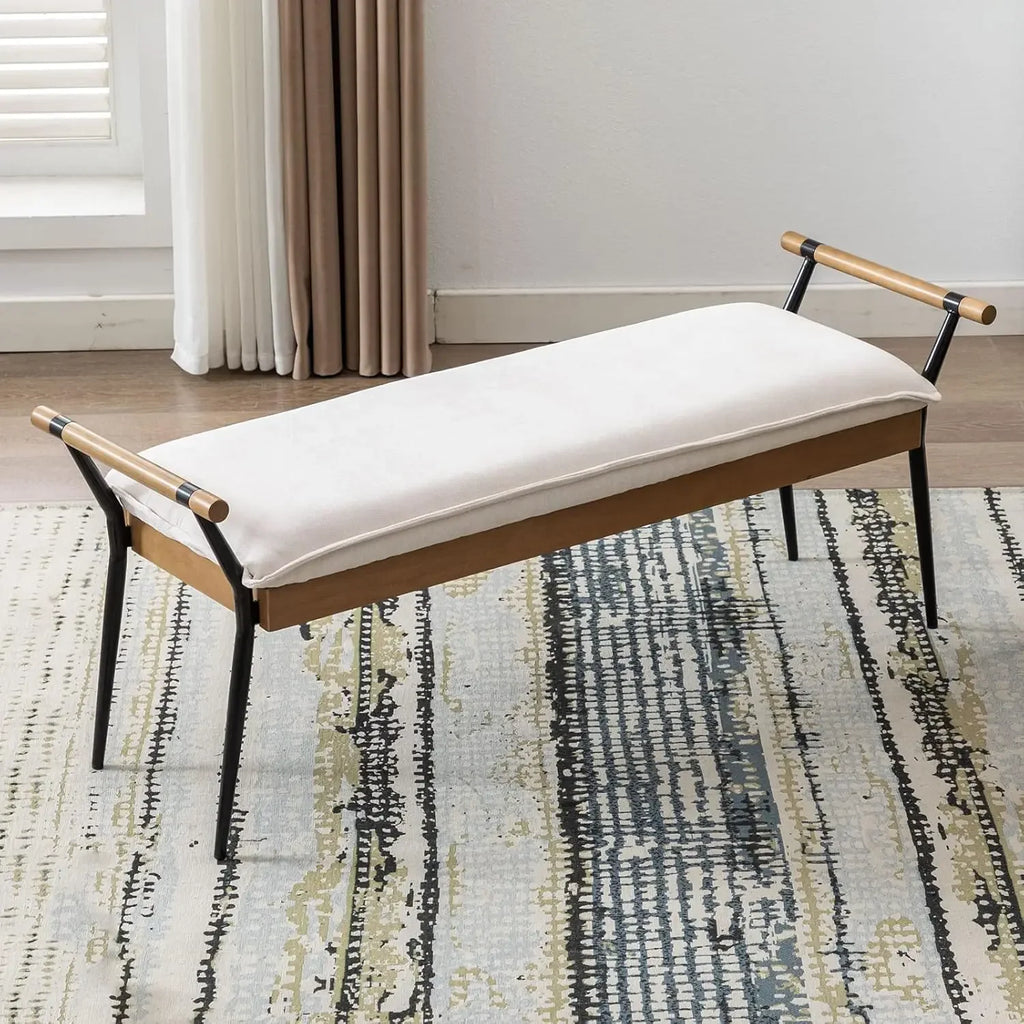 Retro Minimalist Chenille Fabric Dining Table Bench Footstool Entryway Shoe,Modern Rectangle Bench with Arms and Metal Legs