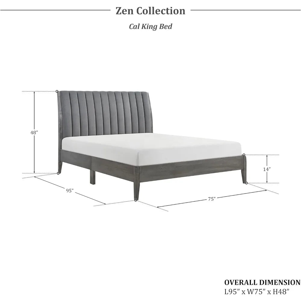 California King Bed Frame w Vertical Channel Tufted Velvet Headboard, Modern Bed Frame, Wood Platform Bed, No Box Spring Needed