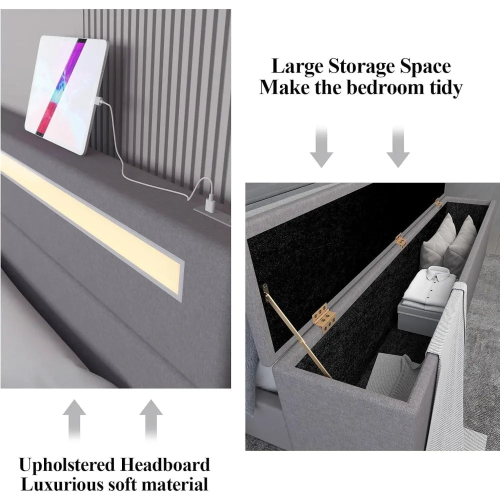 King Size Bed Frame with Ottoman Storage and LED Lights