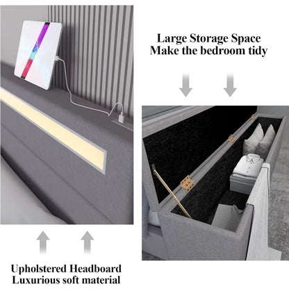 King Size Bed Frame with Ottoman Storage and LED Lights, Upholstered Platform Bed Frame with USB Ports Linen Fabric Headboard