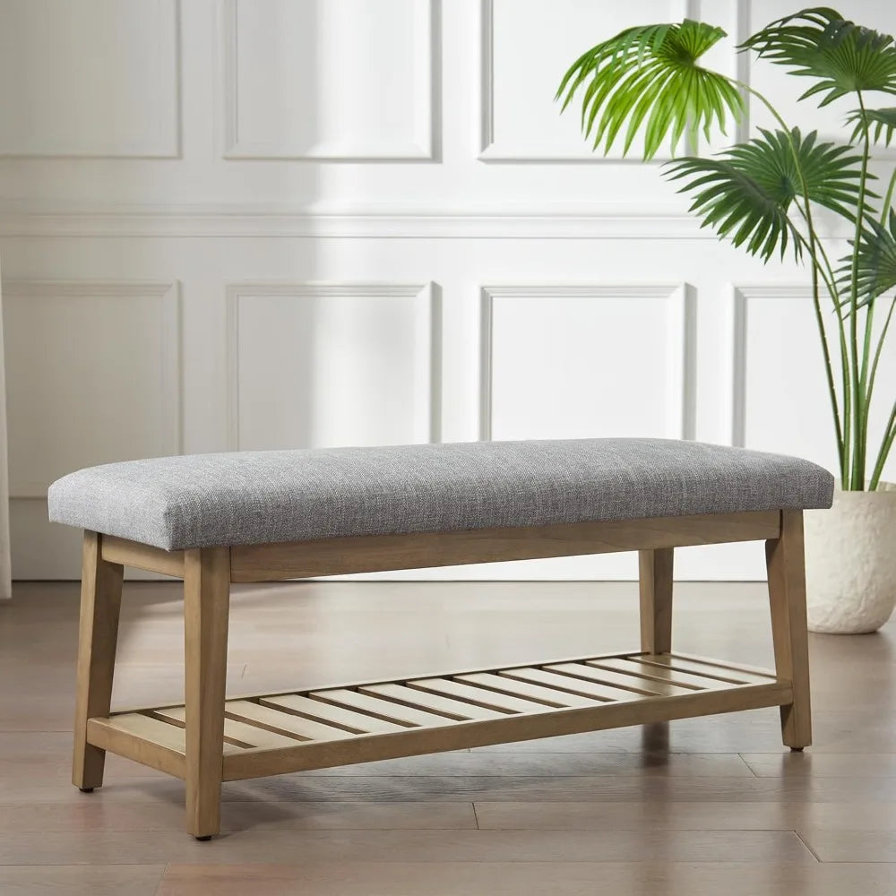 Entryway Bench, End of Bed Bench, Chenille Upholstered Shoe Bench for Bedroom, Ottoman Bench with Solid Wood Shelf,Storage Bench
